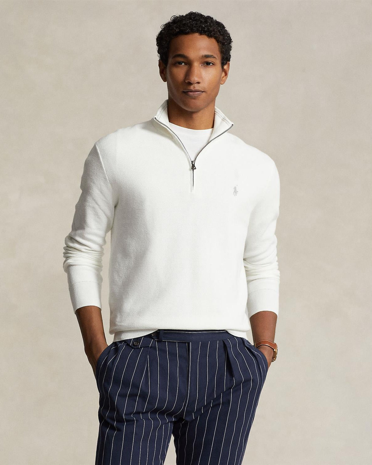 Mesh-Knit Bomull Half-Zip Hvit