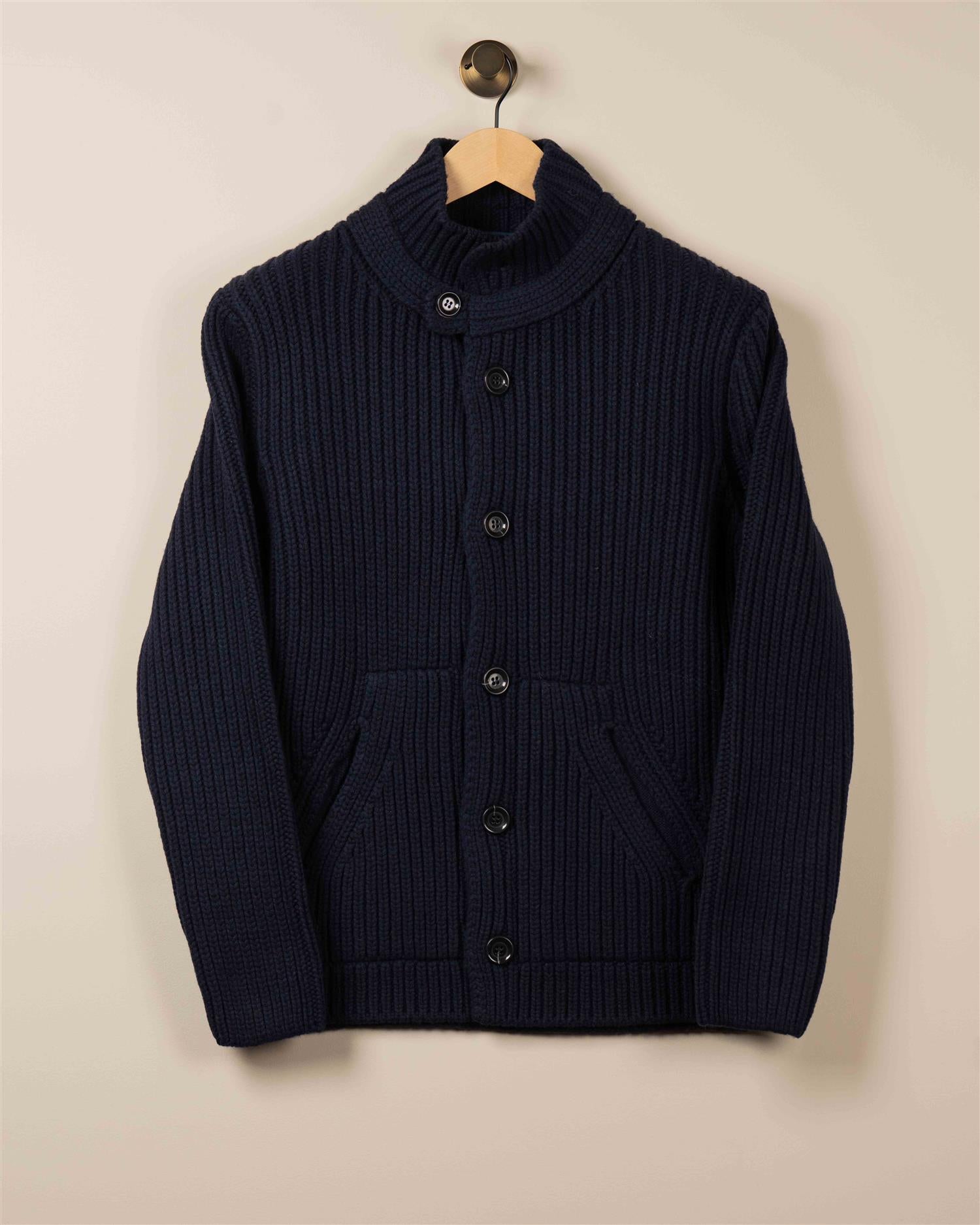 Ribbestrikket Cardigan M/Knapper - Navy