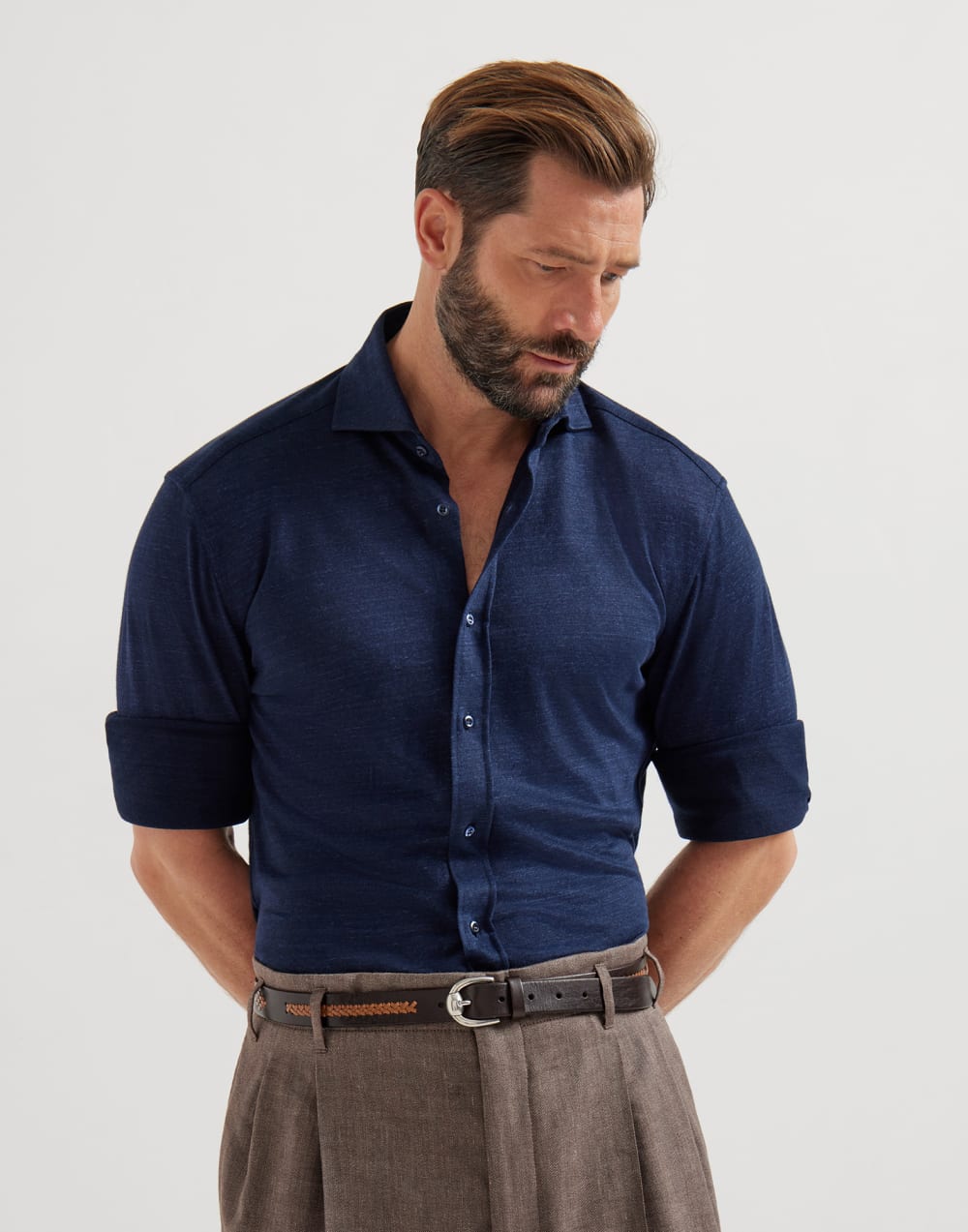 Lin/Bomull Polo Skjorte - Navy