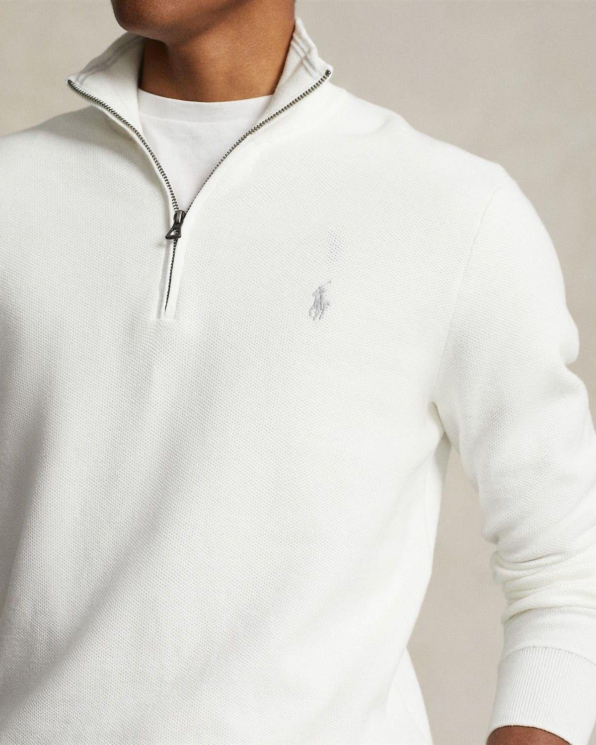 Mesh-Knit Bomull Half-Zip Hvit