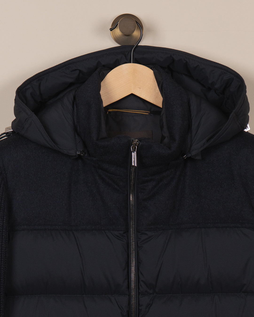 Mougi Hooded Knit-Sleeve Down Jacket - Navy