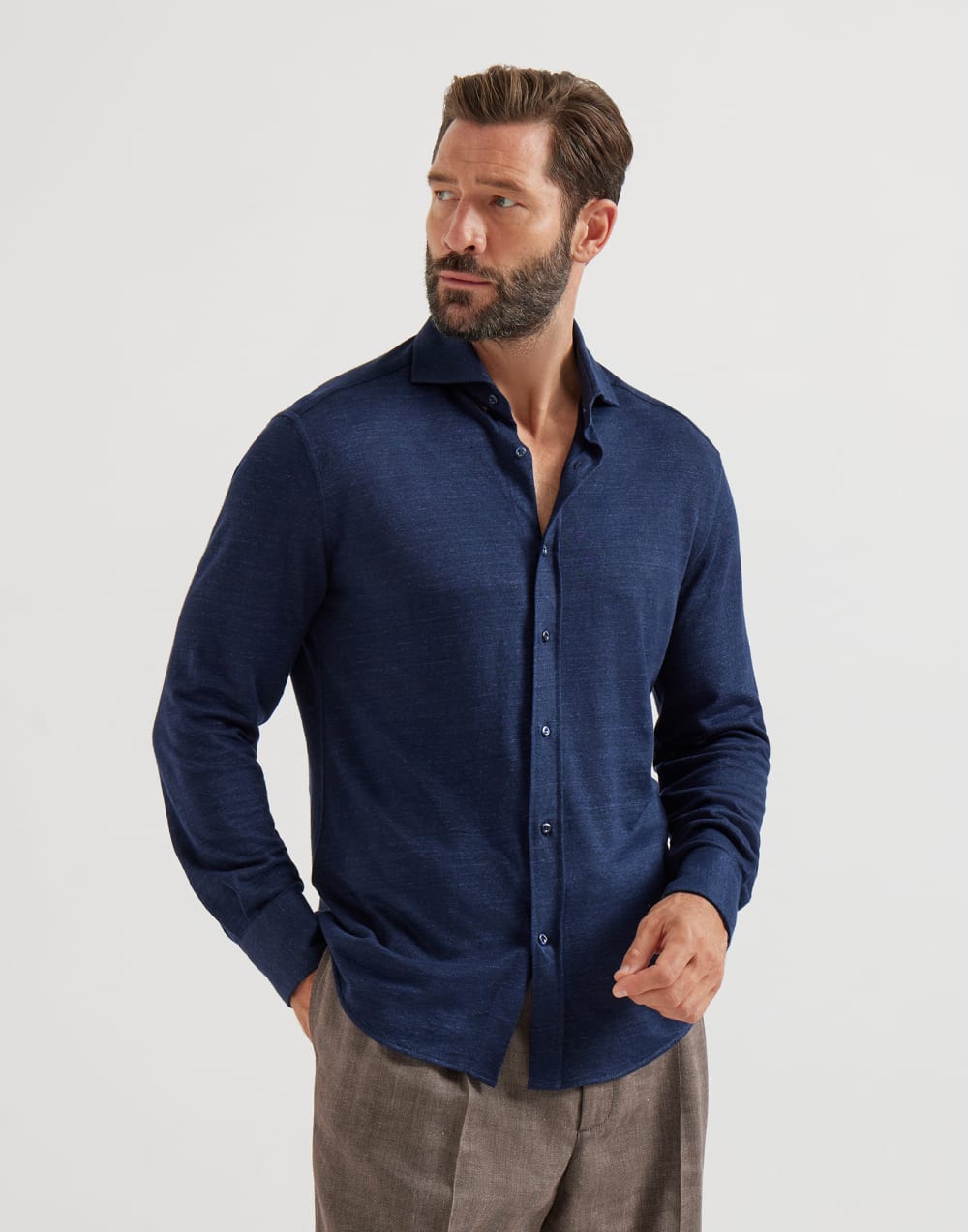 Lin/Bomull Polo Skjorte - Navy