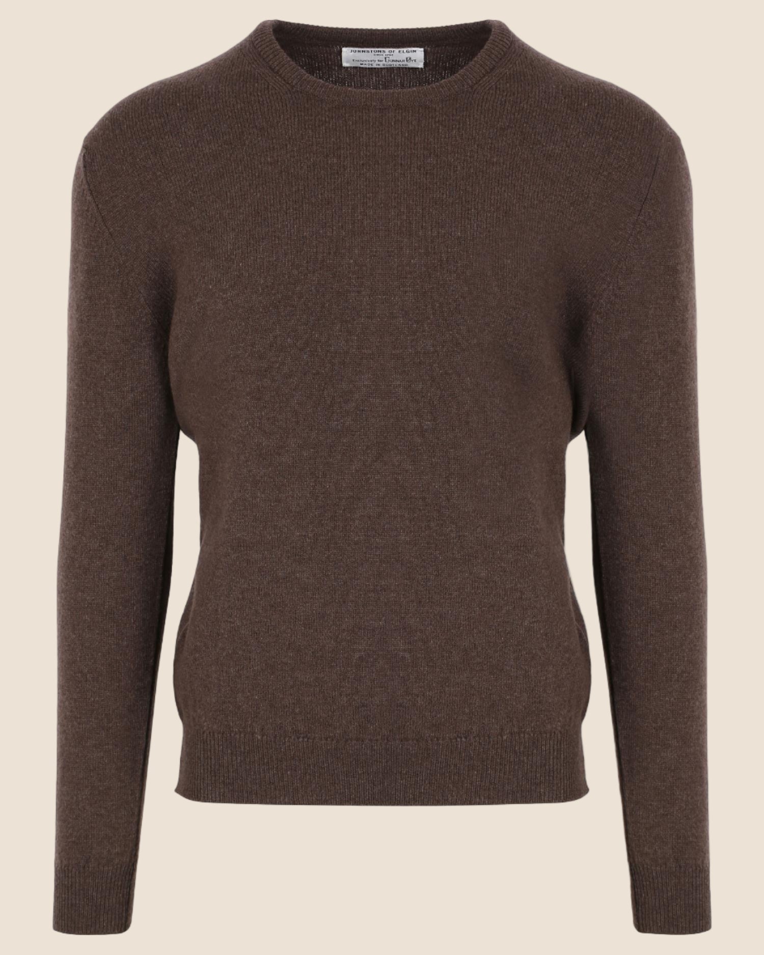 Lammeullsgenser Rund-hals Mørk brun-JOHNSTONS OF ELGIN-www.gunnaroye.no