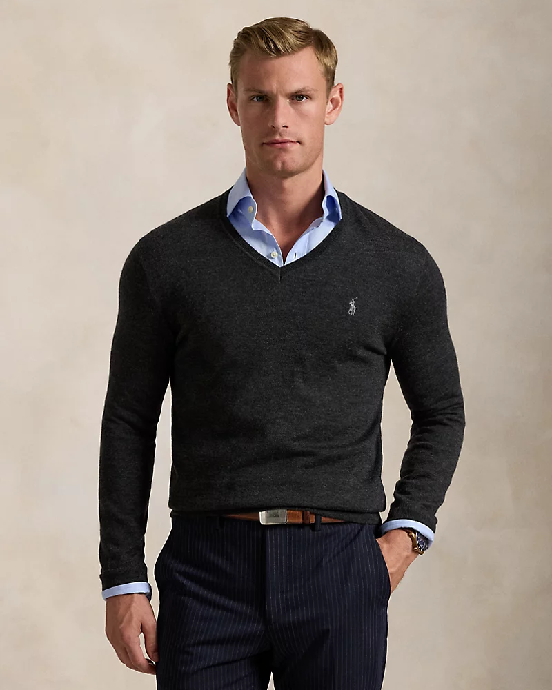 Merino V-Genser - Grå-Polo Ralph Lauren-www.gunnaroye.no