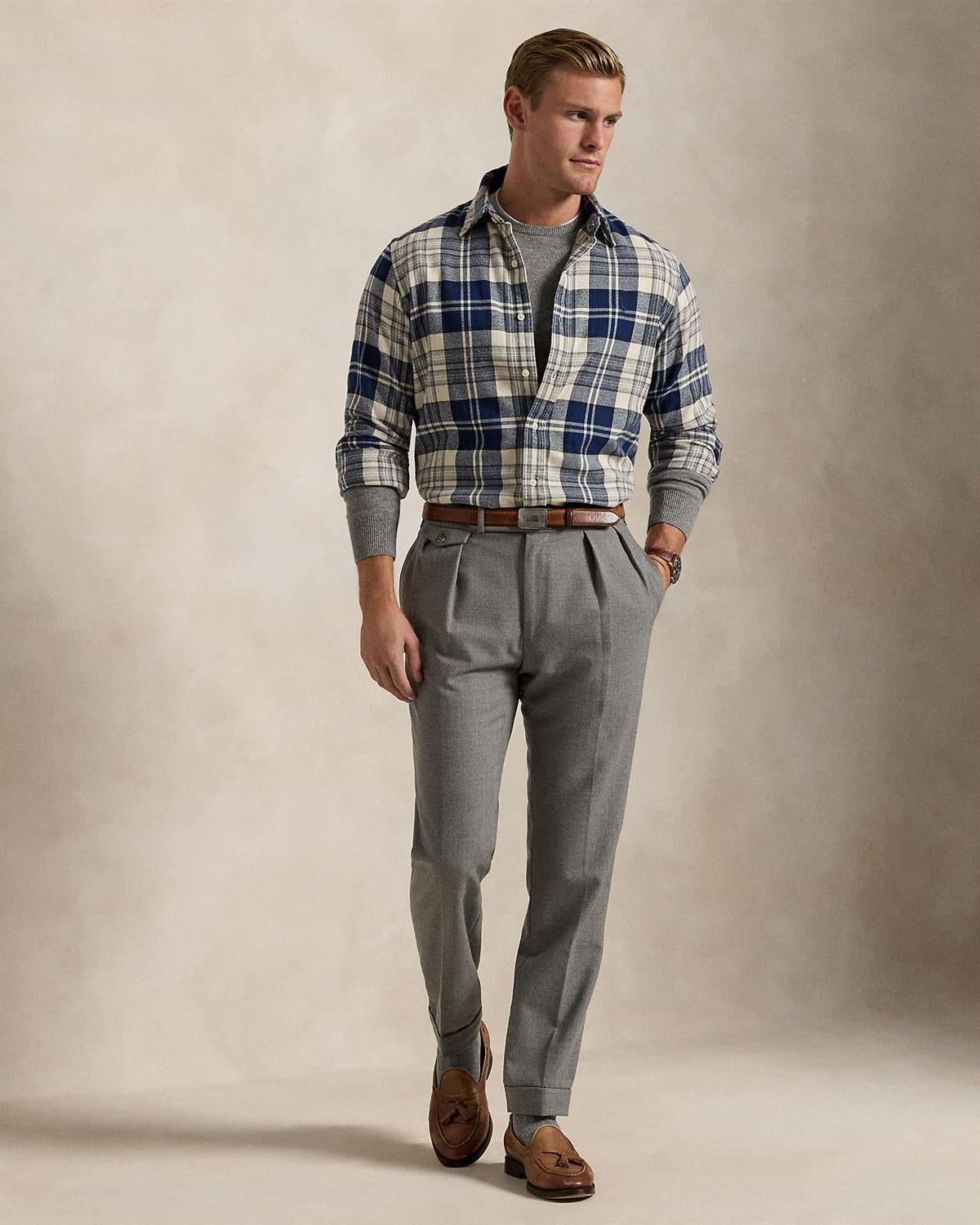 Custom Fit Brushed Flannel Shirt - Off white/navy