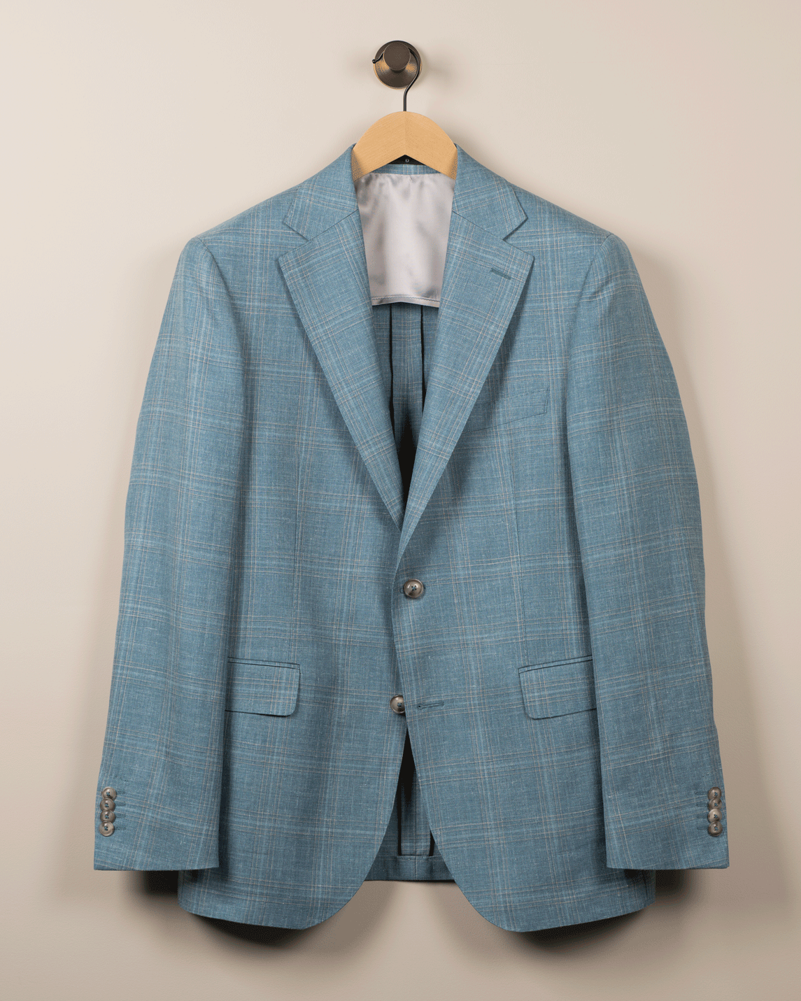 Enkeltspent Turkis Rutet Lin Jakke
