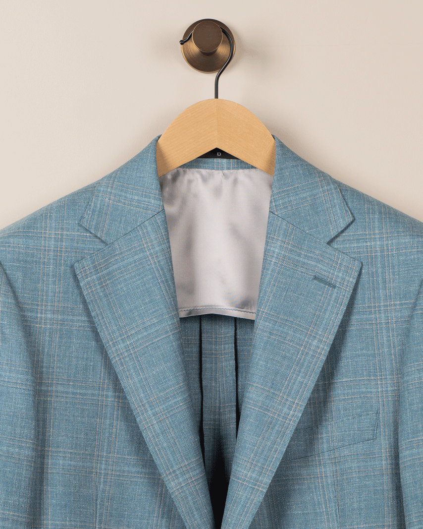 Enkeltspent Turkis Rutet Lin Jakke