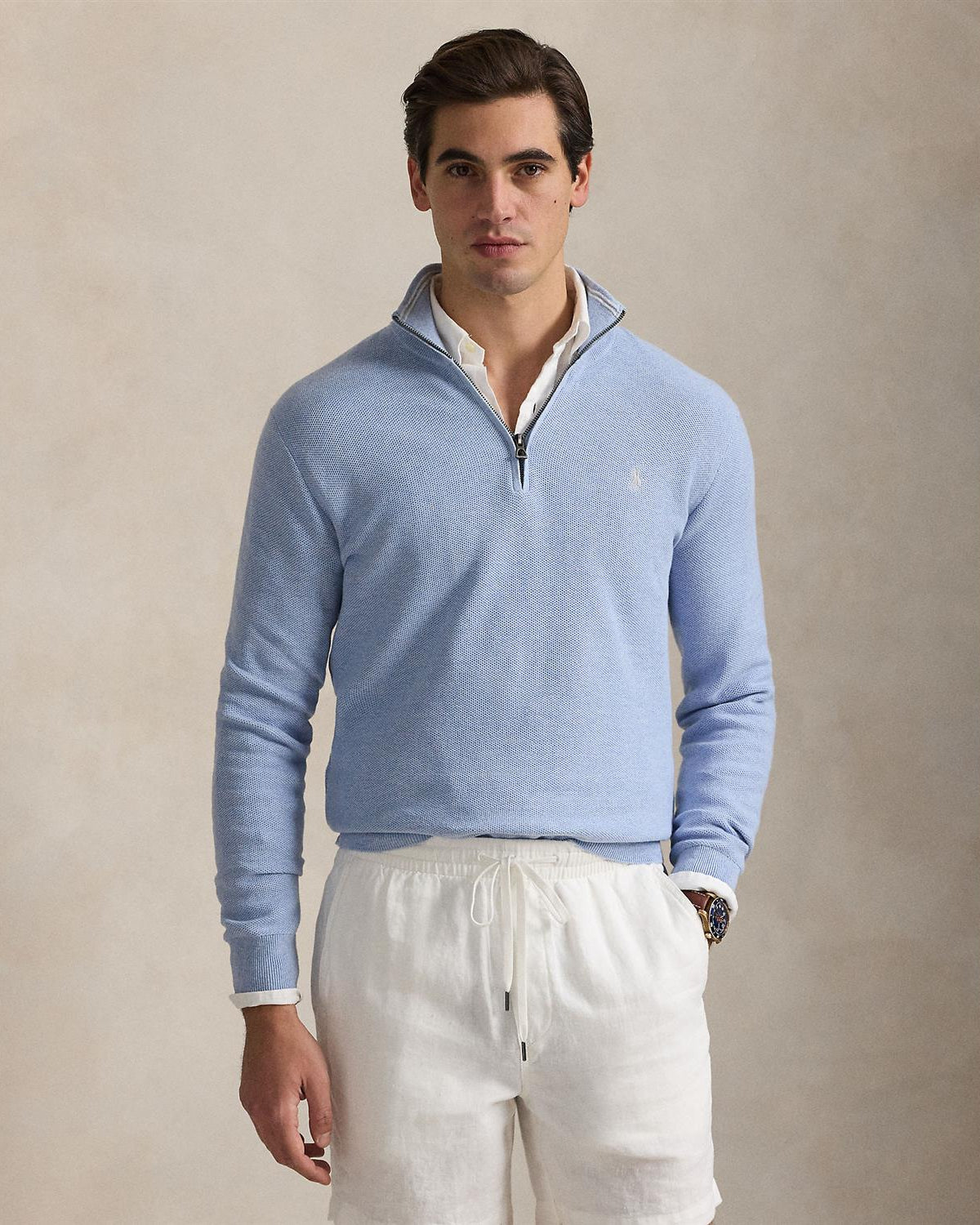 Mesh-Knit Bomull Half-Zip Lyseblå