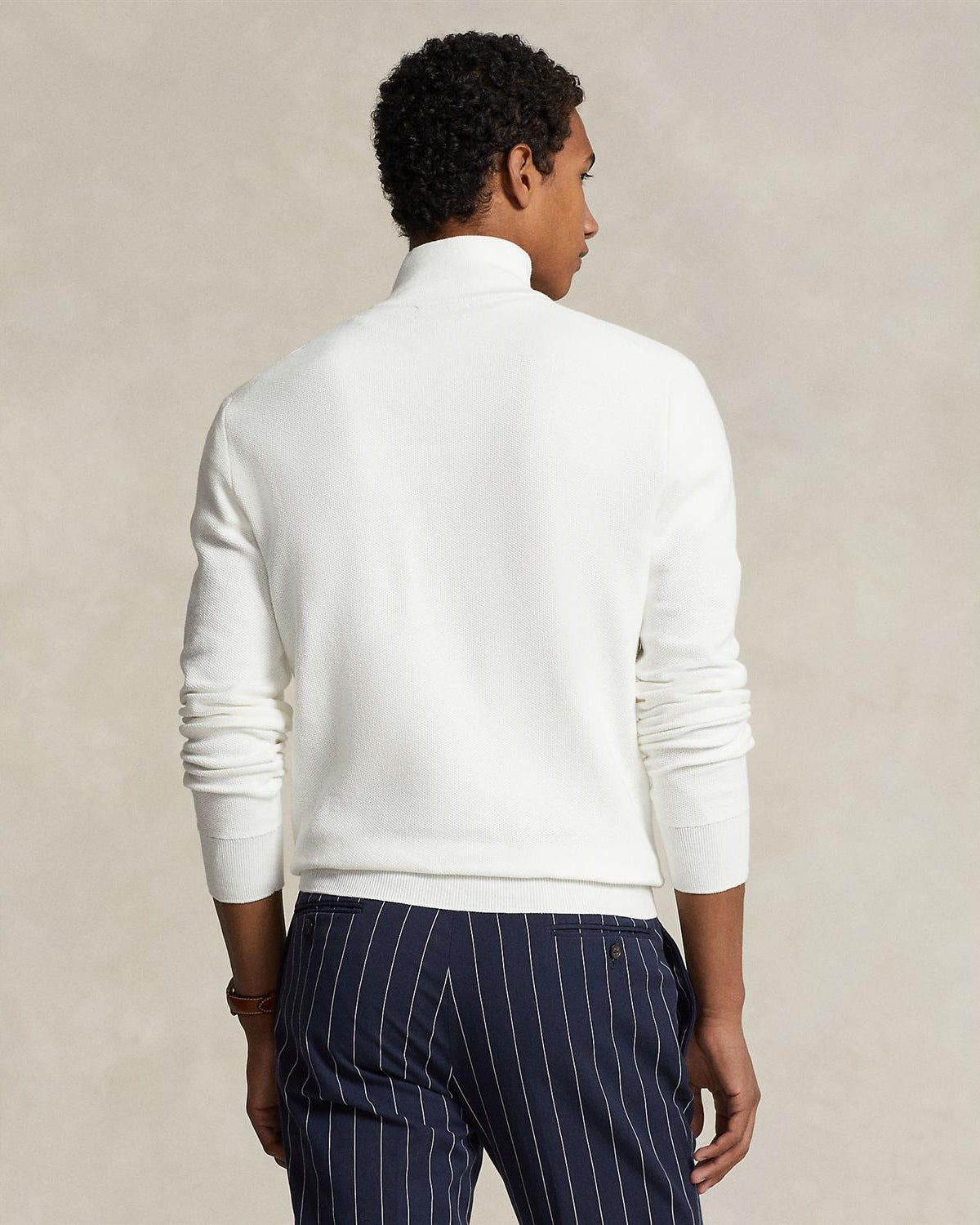 Mesh-Knit Bomull Half-Zip Hvit
