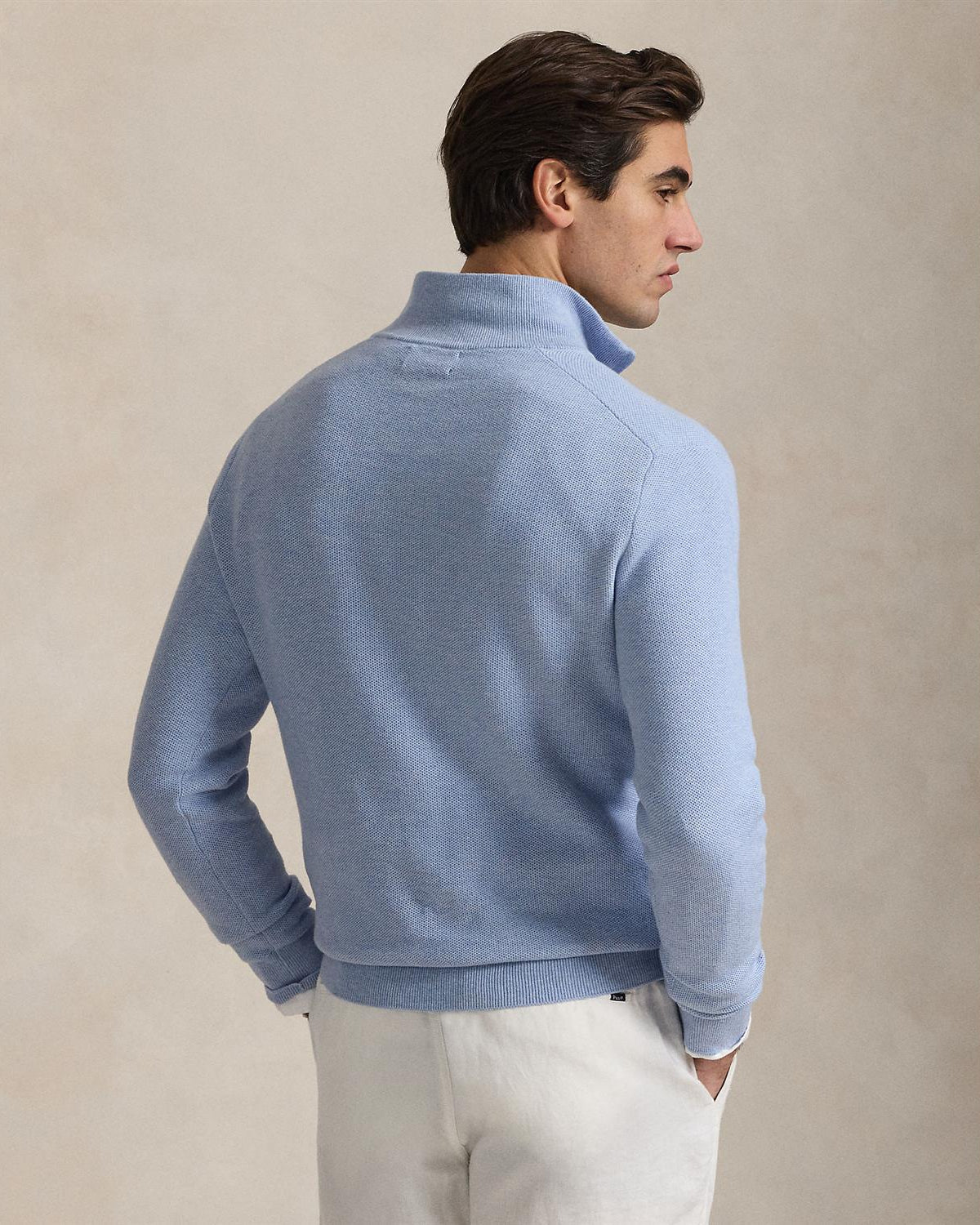 Mesh-Knit Bomull Half-Zip Lyseblå