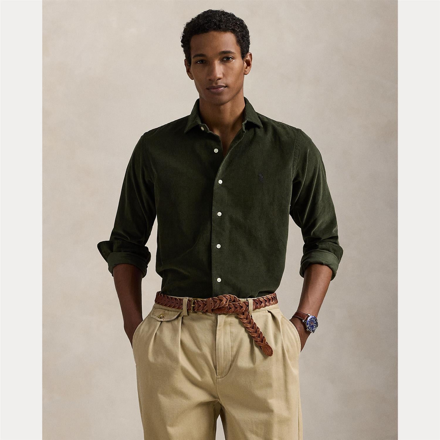 Cord Skjorte Custom Fit - Oliven