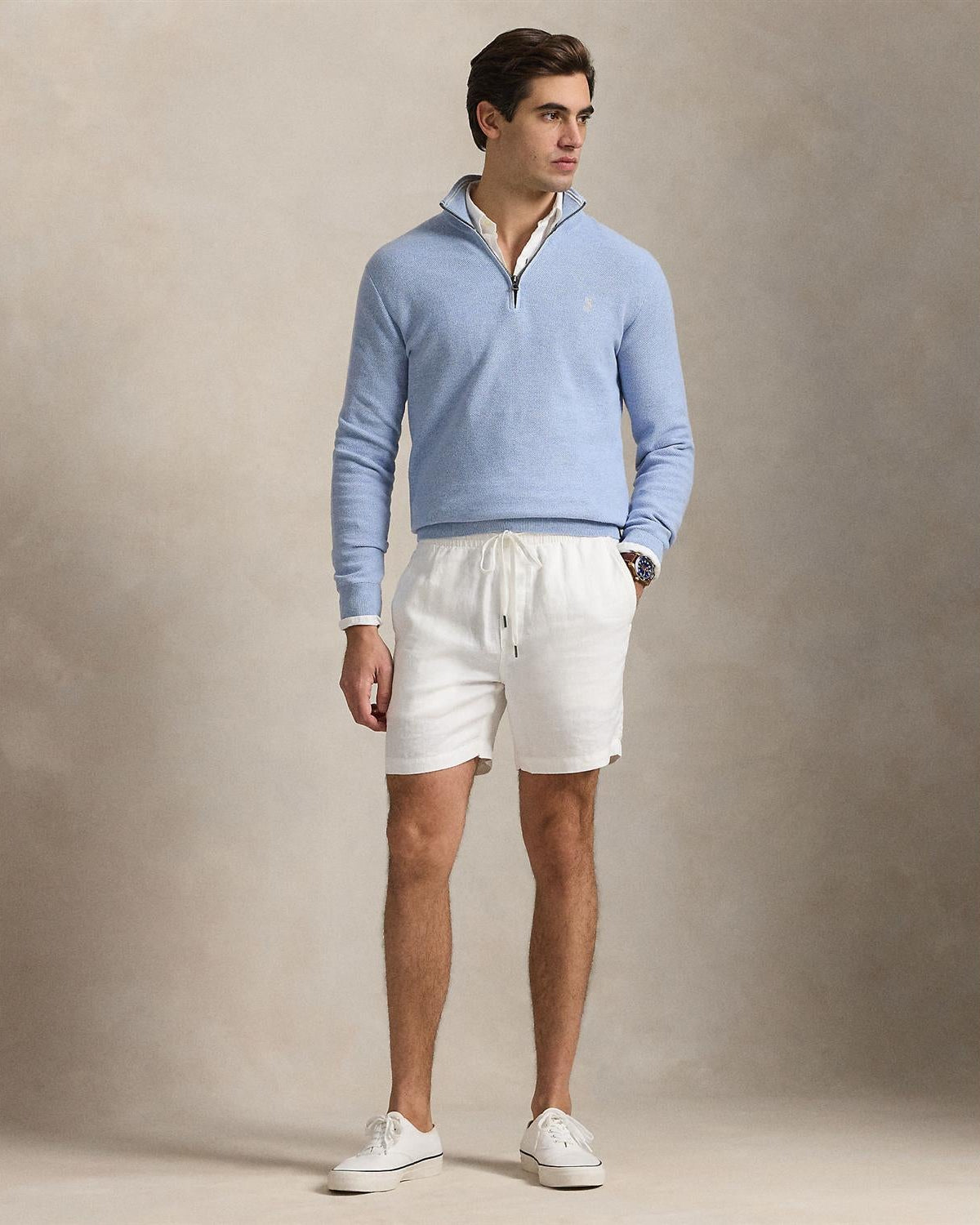 Mesh-Knit Bomull Half-Zip Lyseblå