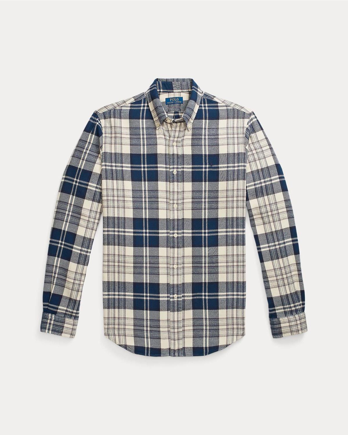 Custom Fit Brushed Flannel Shirt - Off white/navy