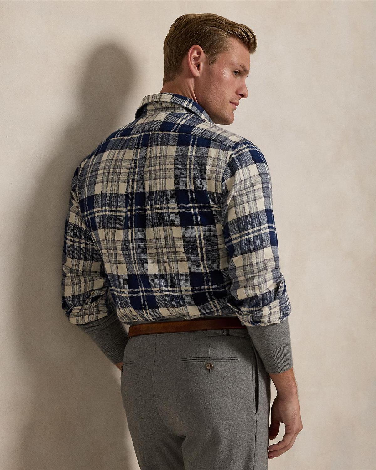 Custom Fit Brushed Flannel Shirt - Off white/navy