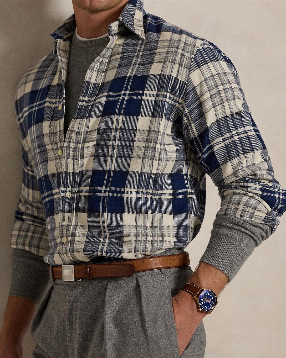 Custom Fit Brushed Flannel Shirt - Off white/navy