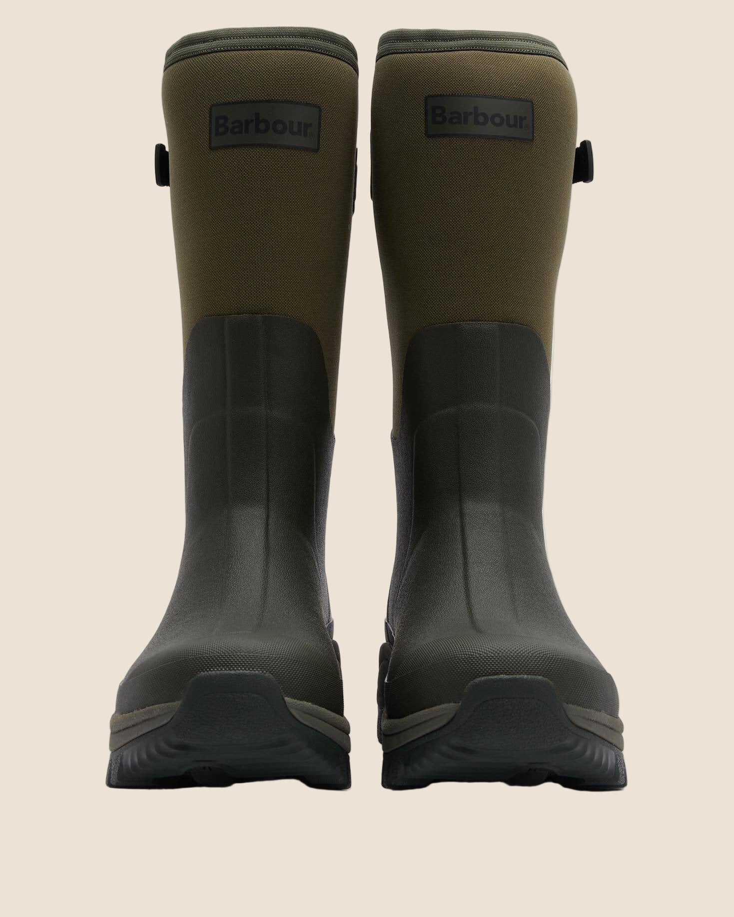 Knehøye gummistøvler fra Barbour i en elegant oliven grønn farge