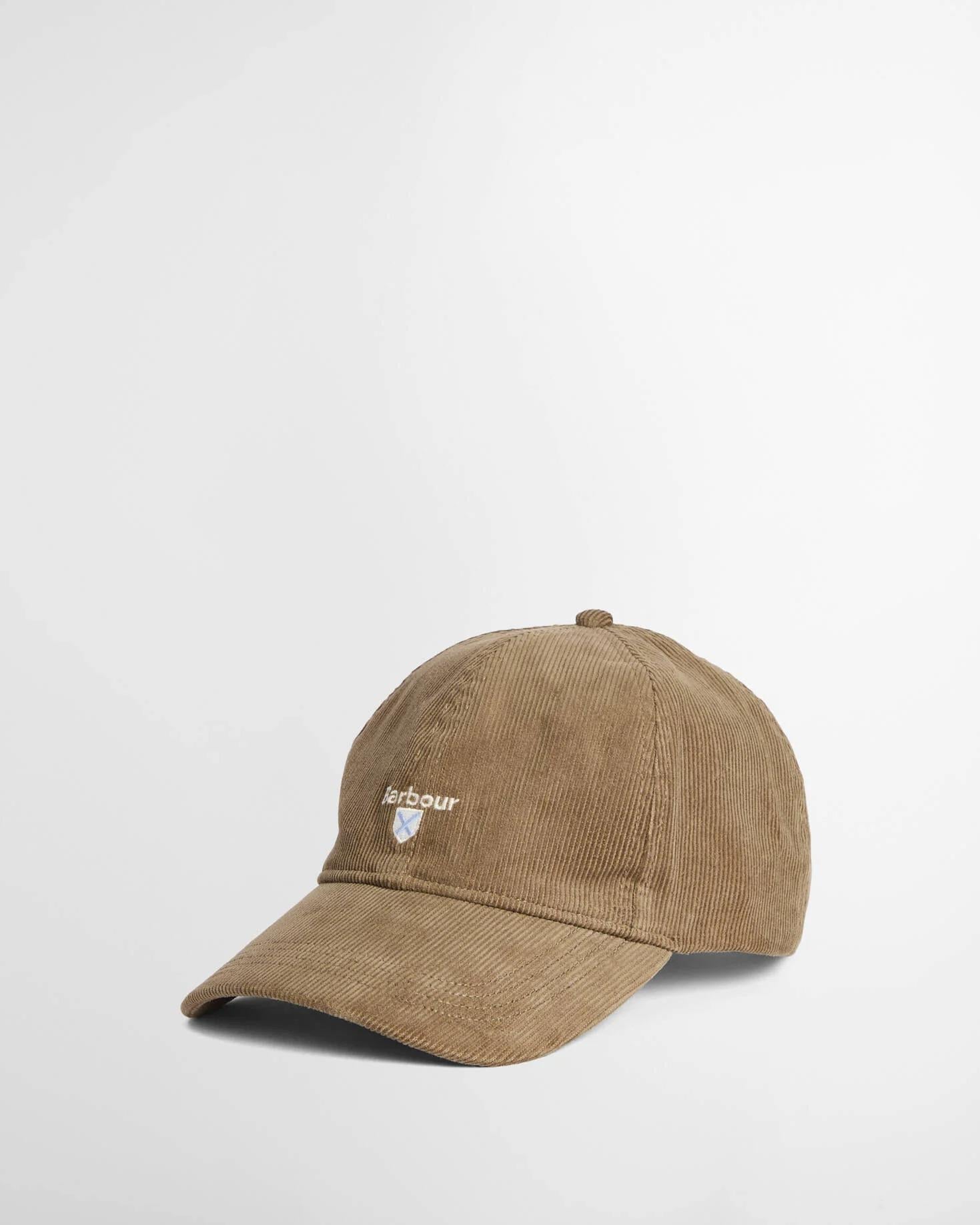 Beige caps i fin kordfløyel med buet brem og brodert logo på front.