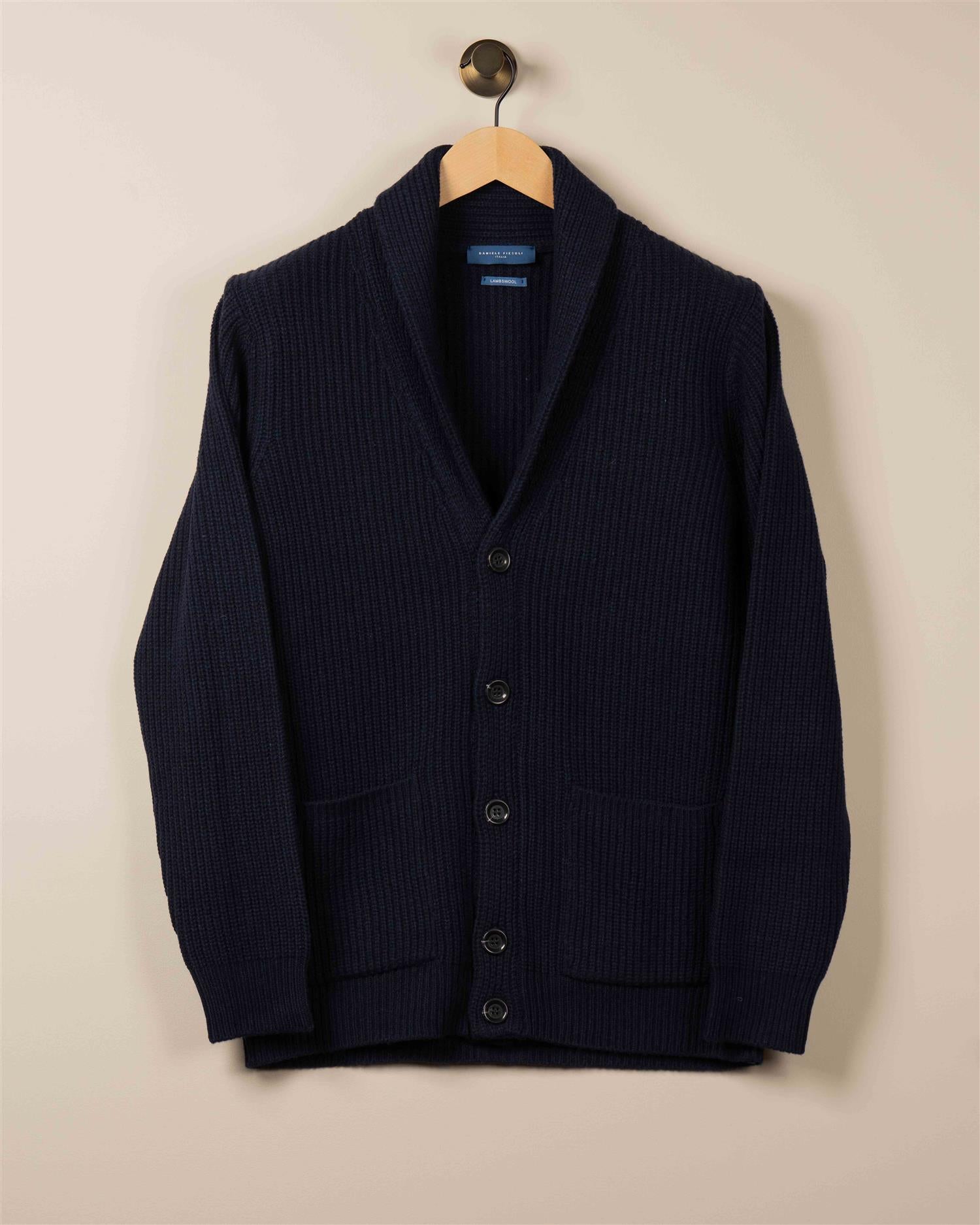 Ribbestrikket Cardigan M/Sjalskrage - Navy