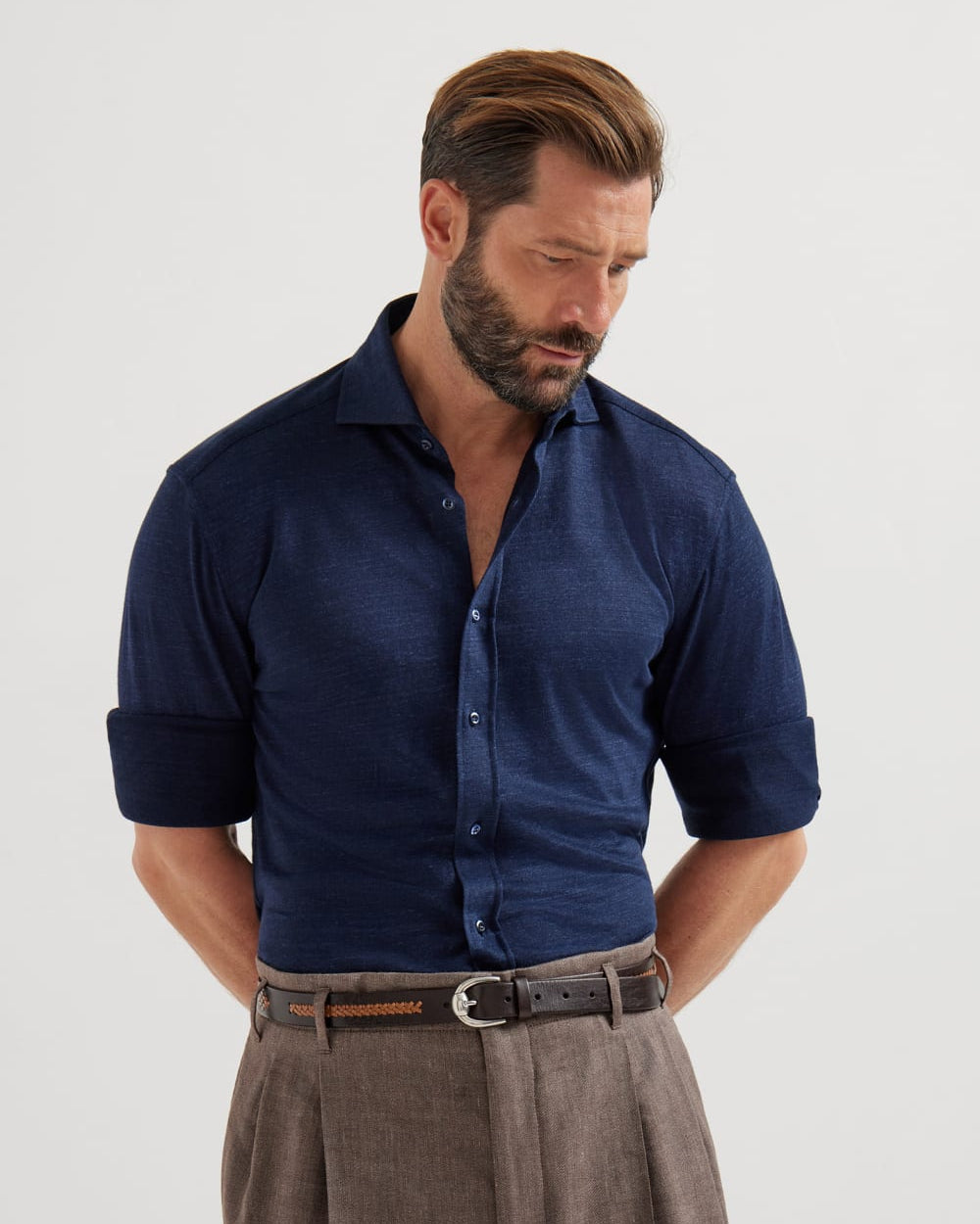 Lin/Bomull Polo Skjorte - Navy