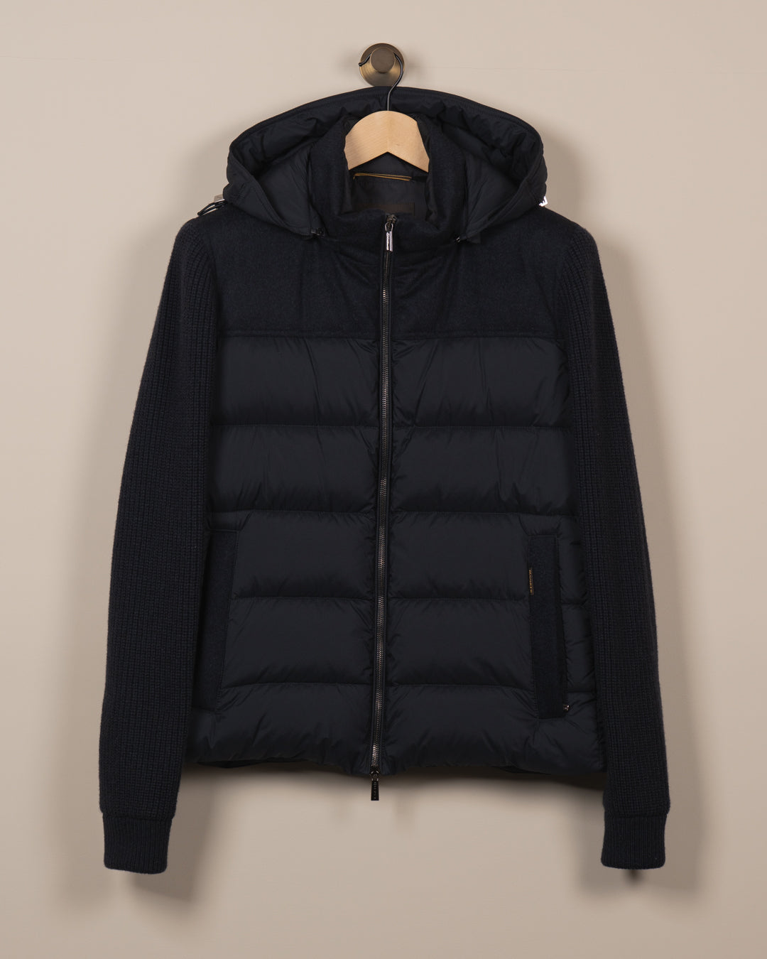 Mougi Hooded Knit-Sleeve Down Jacket - Navy