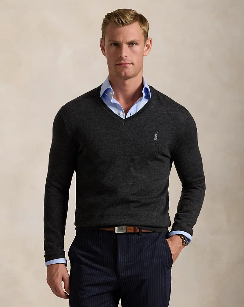 Merino V-Genser - Grå-Polo Ralph Lauren-www.gunnaroye.no