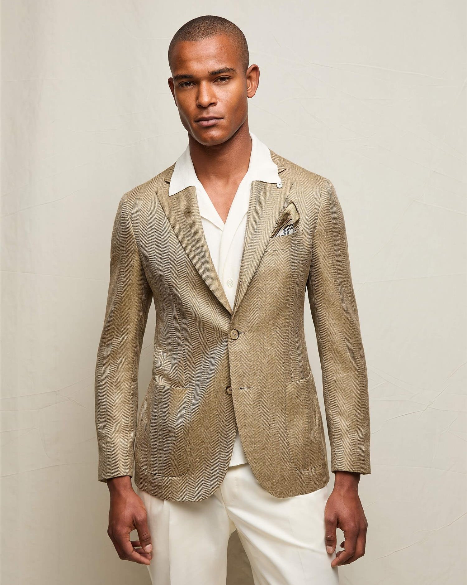 Italiensk LBM herreblazer i gylden sandtone, unlined modell i ull- og linblanding