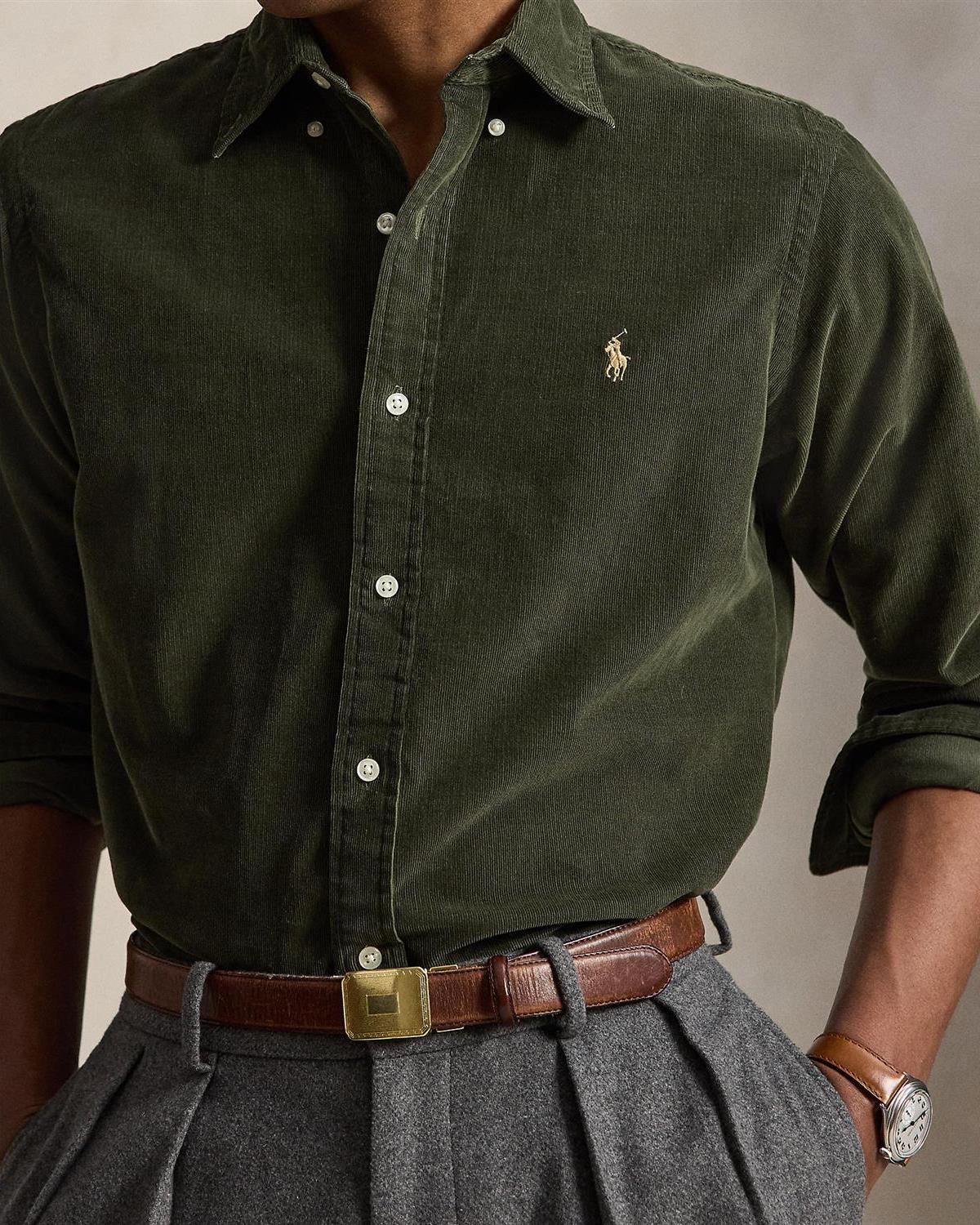 Button-down kordfløyelskjorte - Oliven