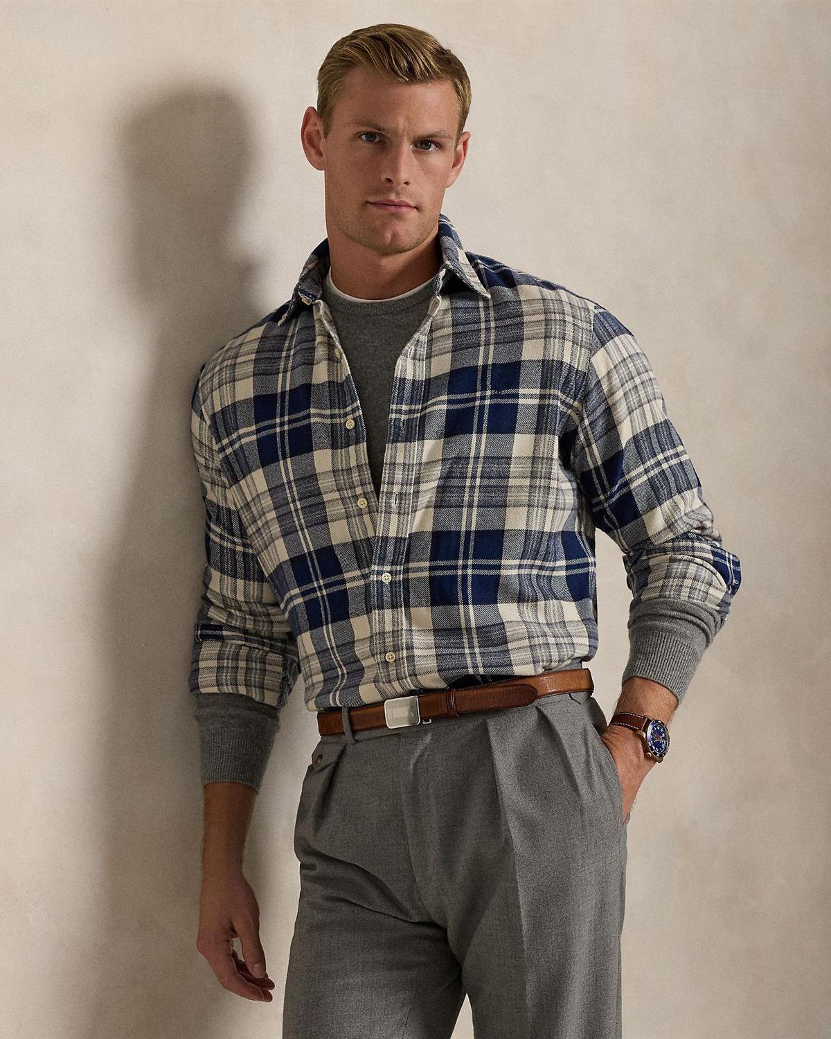 Custom Fit Brushed Flannel Shirt - Off white/navy