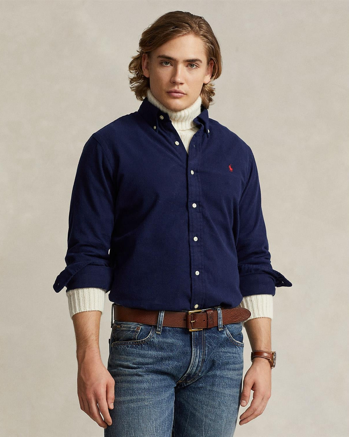 Børstet Flanell Skjorte Custom Fit - Navy