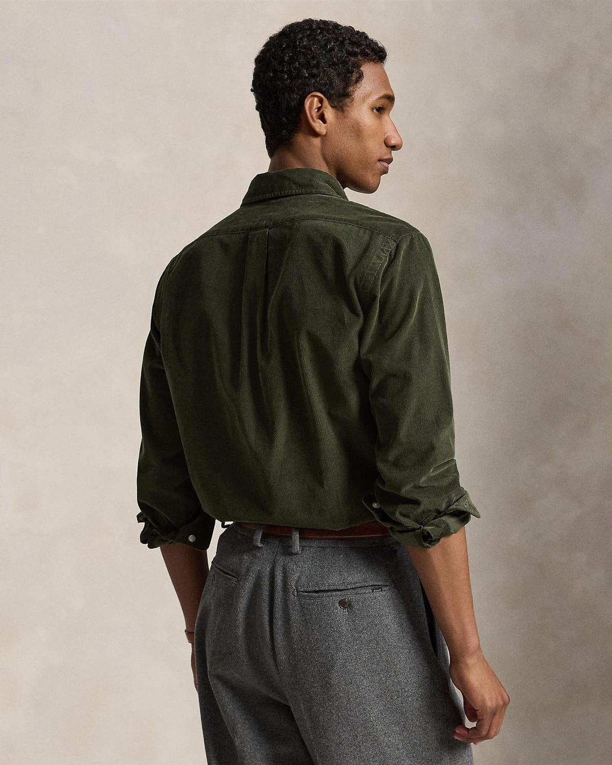 Button-down kordfløyelskjorte - Oliven