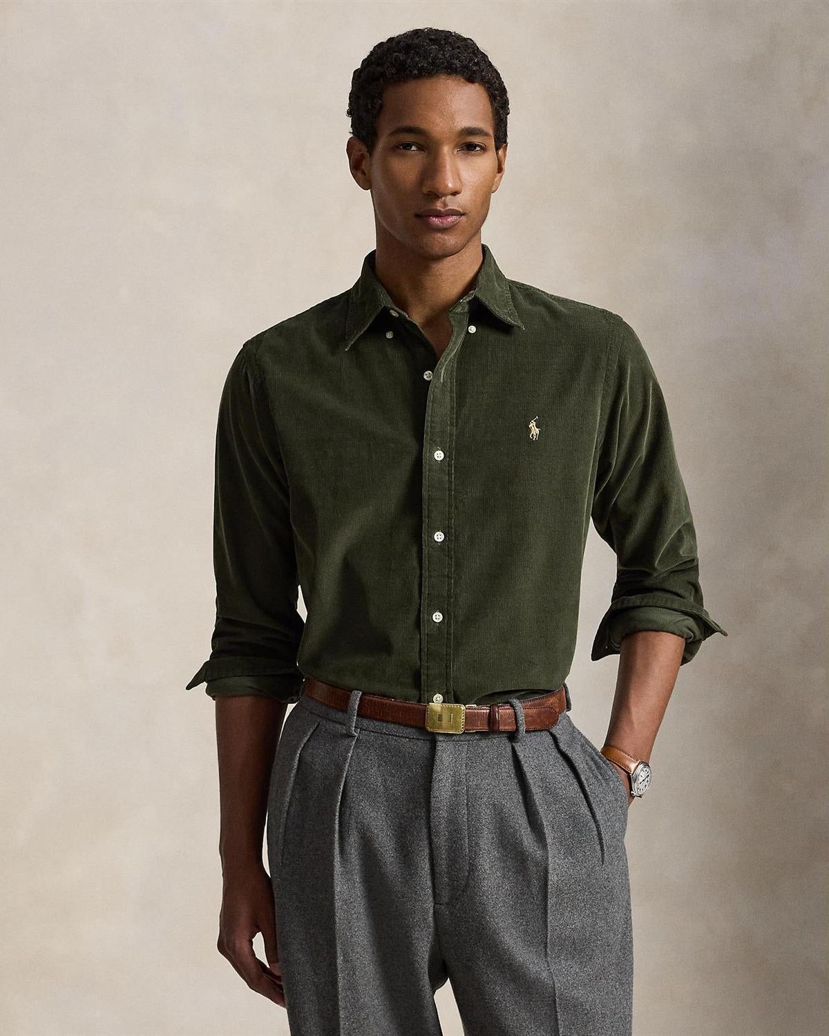 Button-down kordfløyelskjorte - Oliven