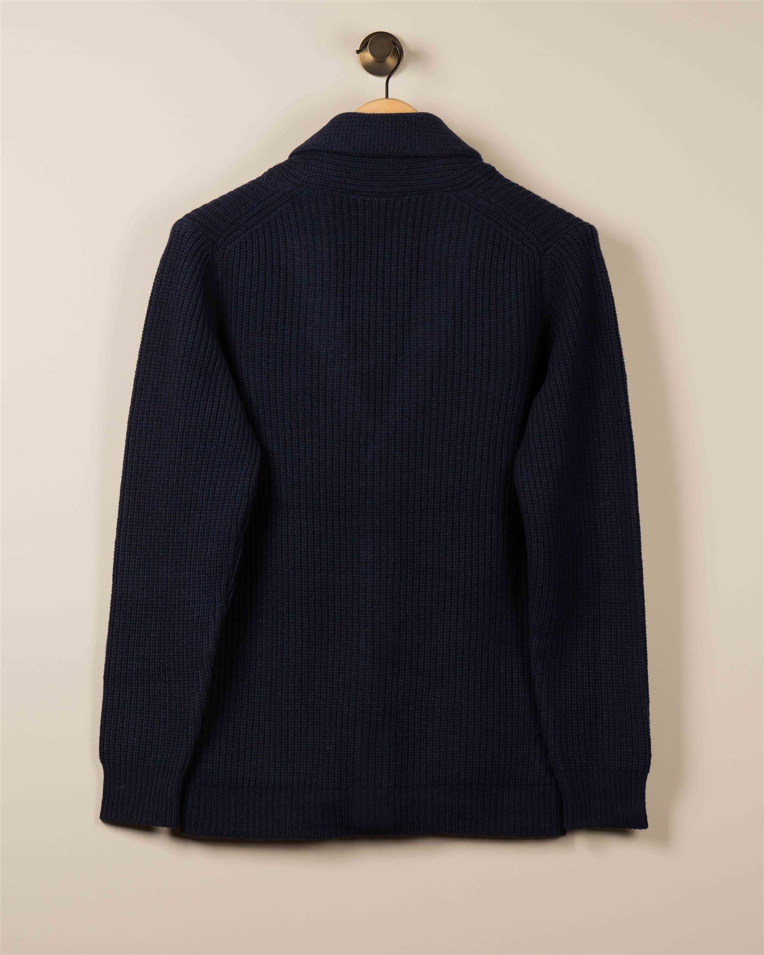 Ribbestrikket Cardigan M/Sjalskrage - Navy