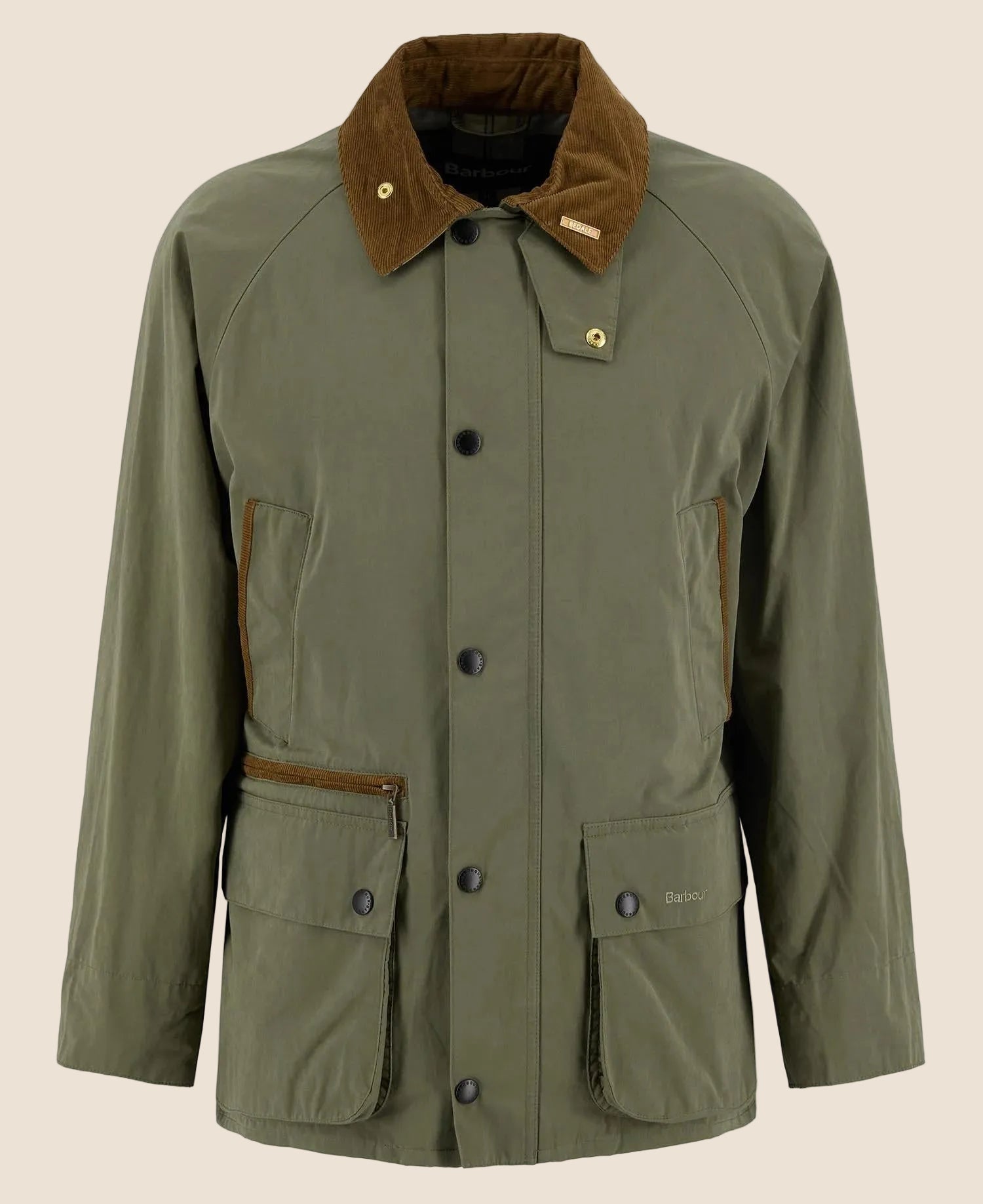 Produktbilde på hvit bakgrunn, viser jakken med kordkrage, trykknapper og store frontlommer.