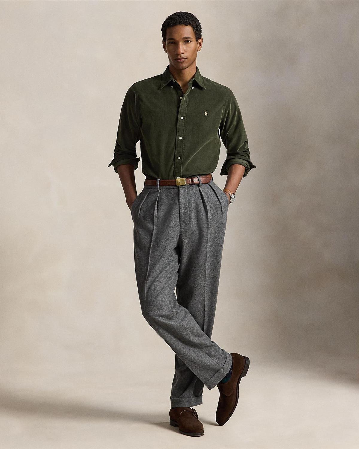 Button-down kordfløyelskjorte - Oliven