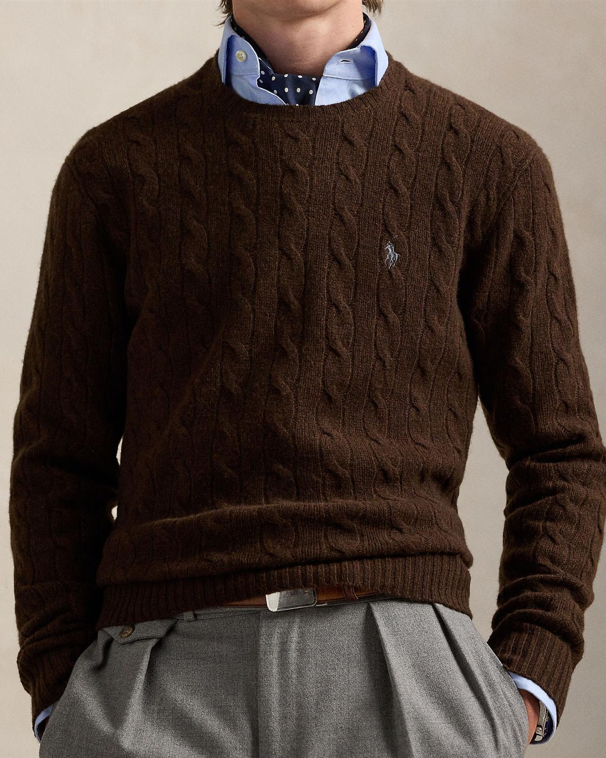 Ull/Cashmir Kabel Rundhals - Brun